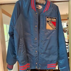 New York Rangers Satin Bomber Jacket - Blue with Red & White Trim